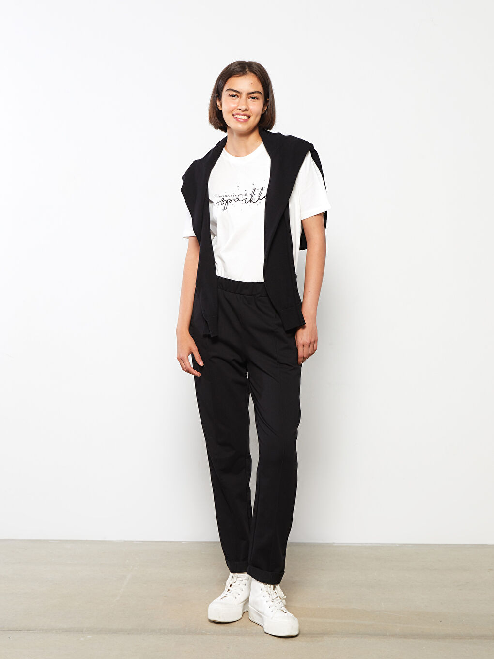 Siyah Kadın Beli Lastikli Düz Eşofman Altı