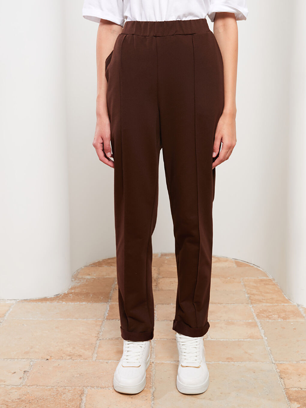 Kahverengi Kadın Beli Lastikli Düz Eşofman Altı-3