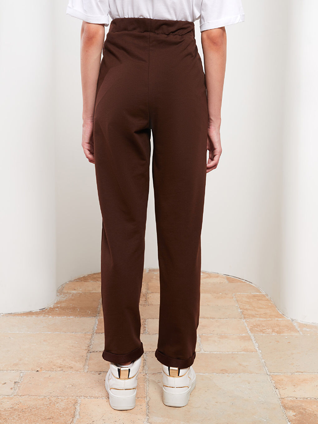 Kahverengi Kadın Beli Lastikli Düz Eşofman Altı-4