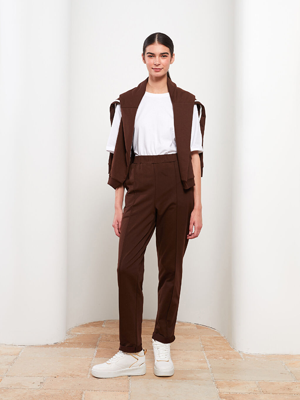 Kahverengi Kadın Beli Lastikli Düz Eşofman Altı