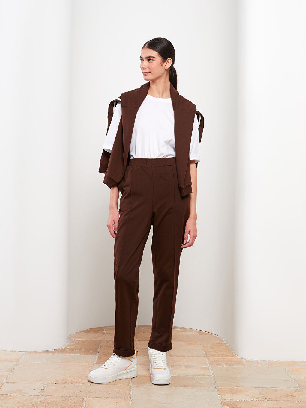 Kahverengi Kadın Beli Lastikli Düz Eşofman Altı-1