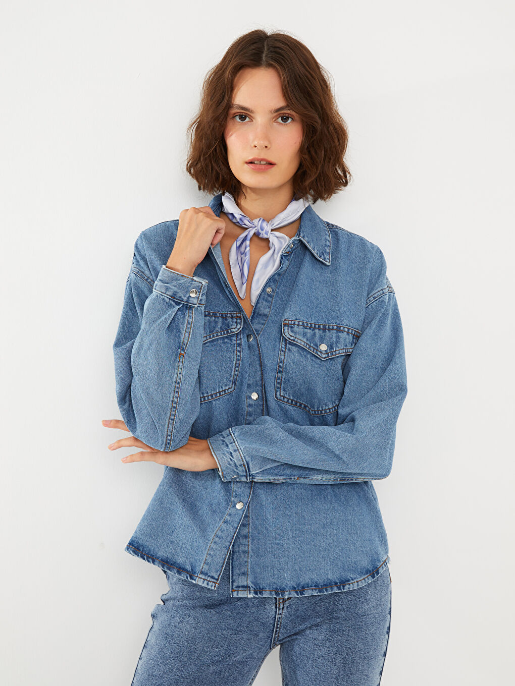 Front Button Closure Straight Long Sleeve Women's Jean Shirt