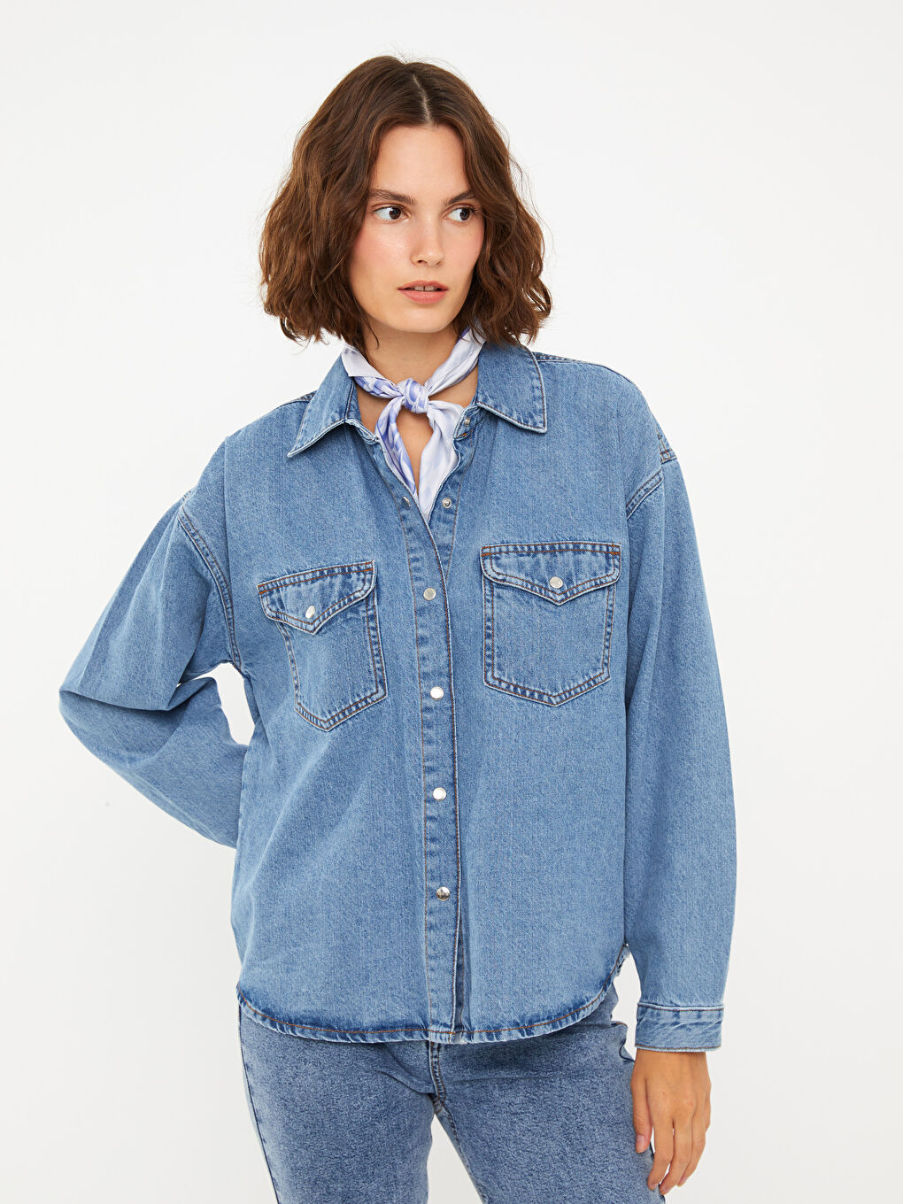 Front Button Closure Straight Long Sleeve Women's Jean Shirt-1