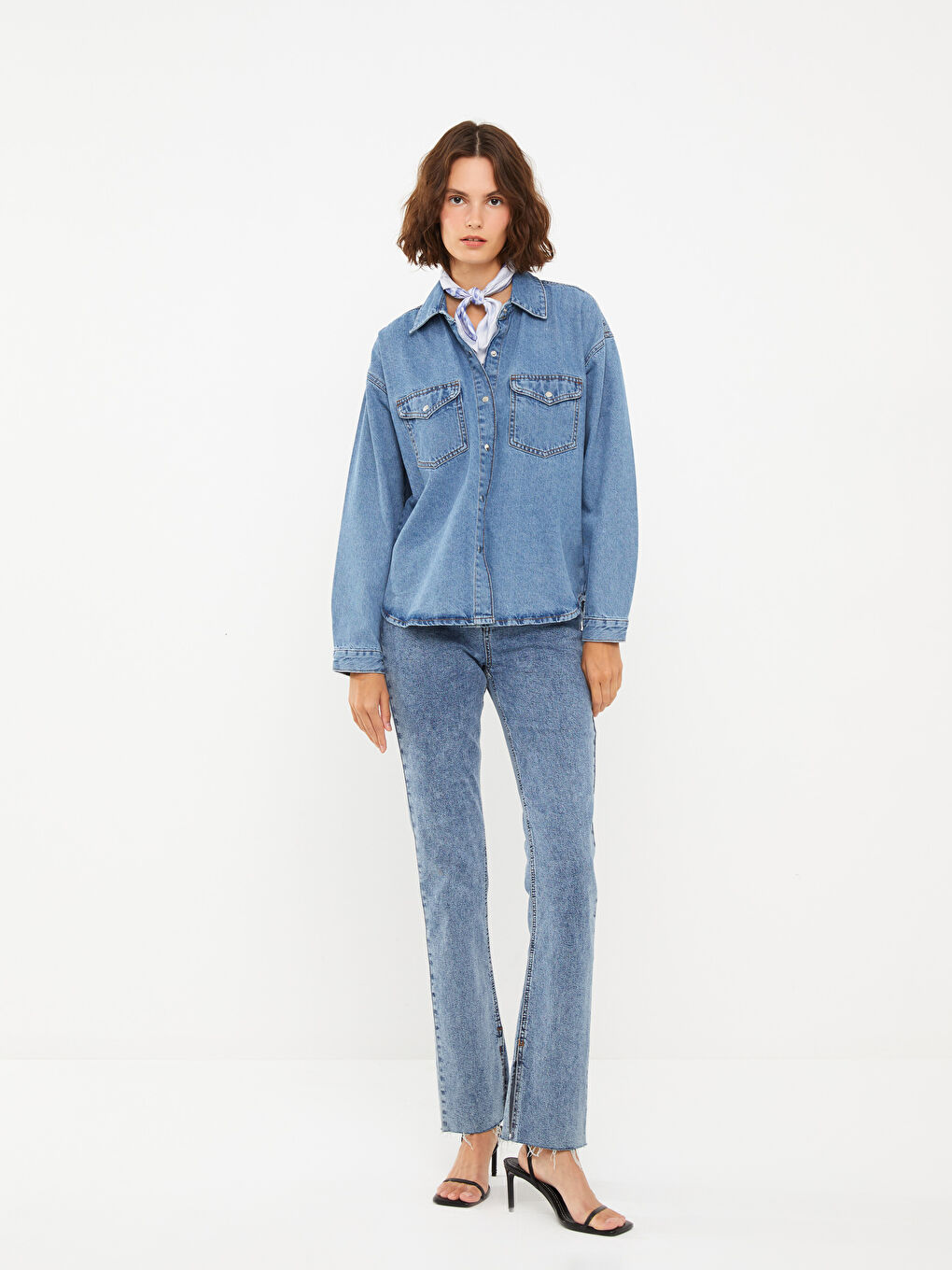 Front Button Closure Straight Long Sleeve Women's Jean Shirt-2