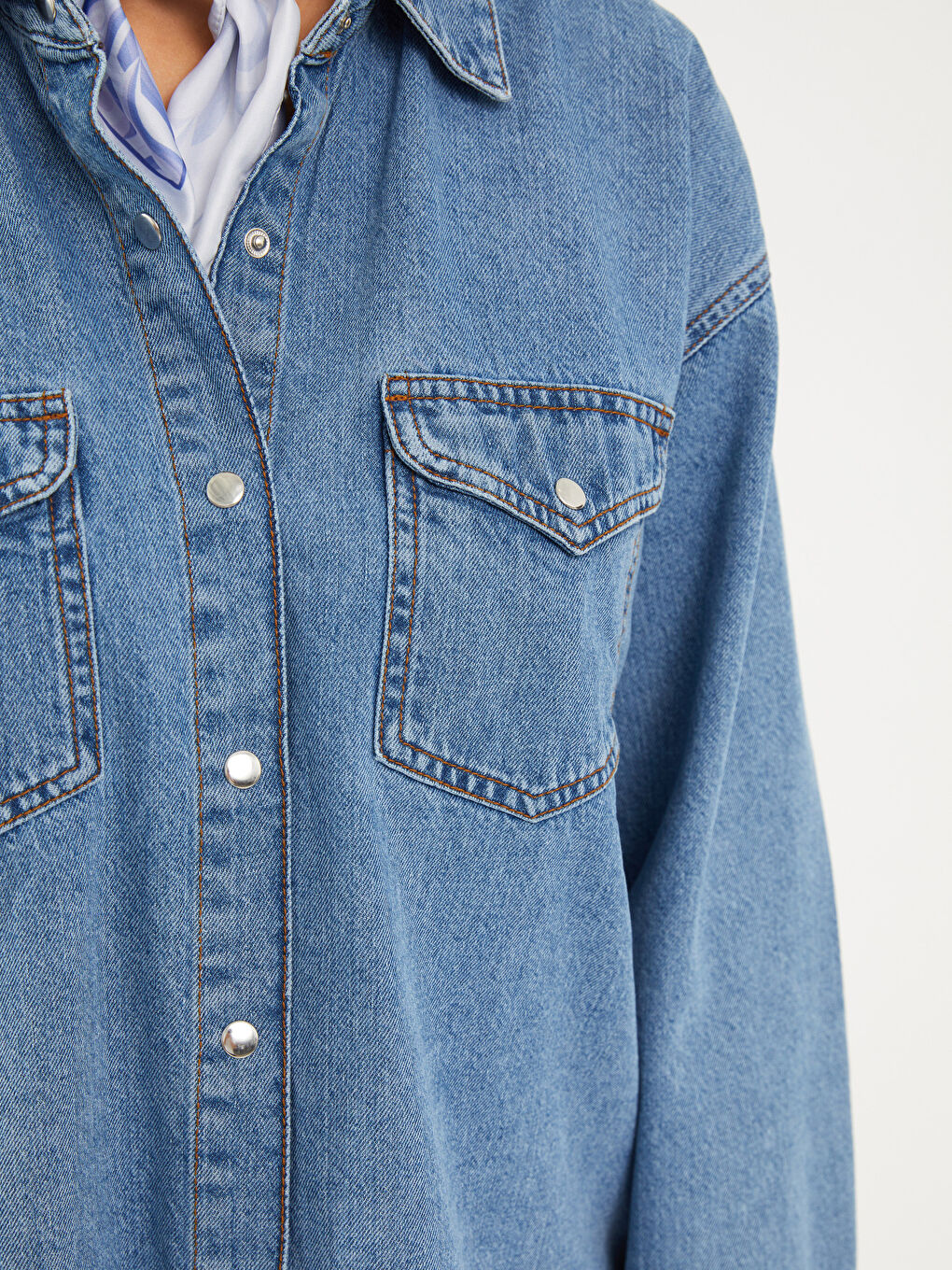 Front Button Closure Straight Long Sleeve Women's Jean Shirt-3