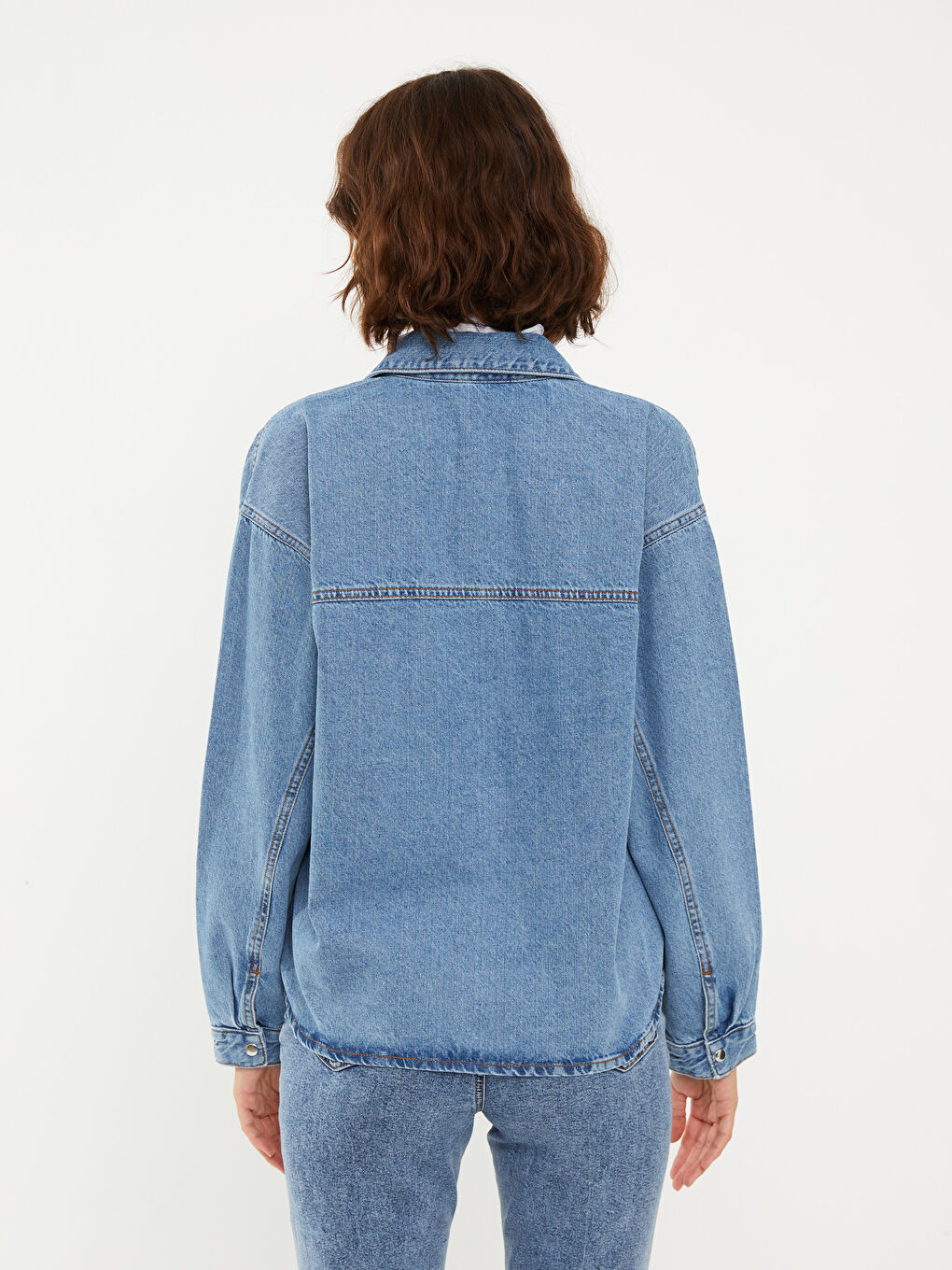 Front Button Closure Straight Long Sleeve Women's Jean Shirt-4