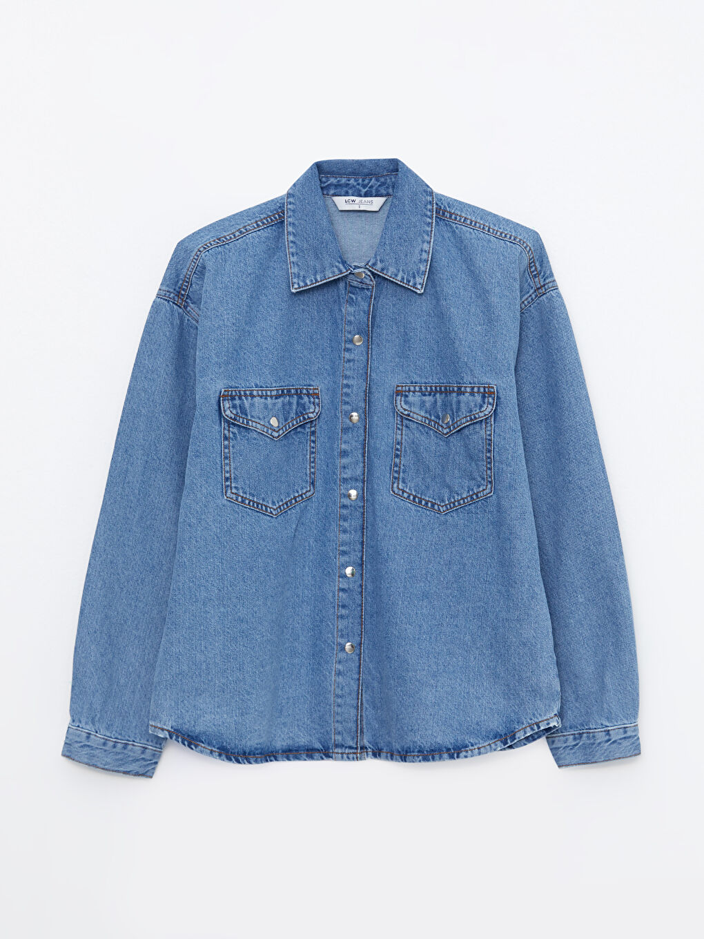 Front Button Closure Straight Long Sleeve Women's Jean Shirt-5