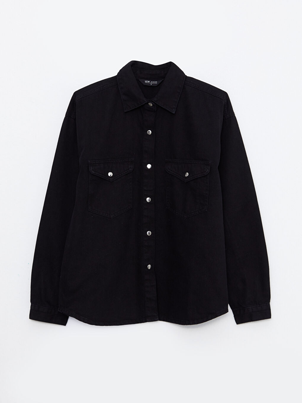 Siyah Önden Düğme Kapamalı Düz Uzun Kollu Kadın Jean Gömlek-5