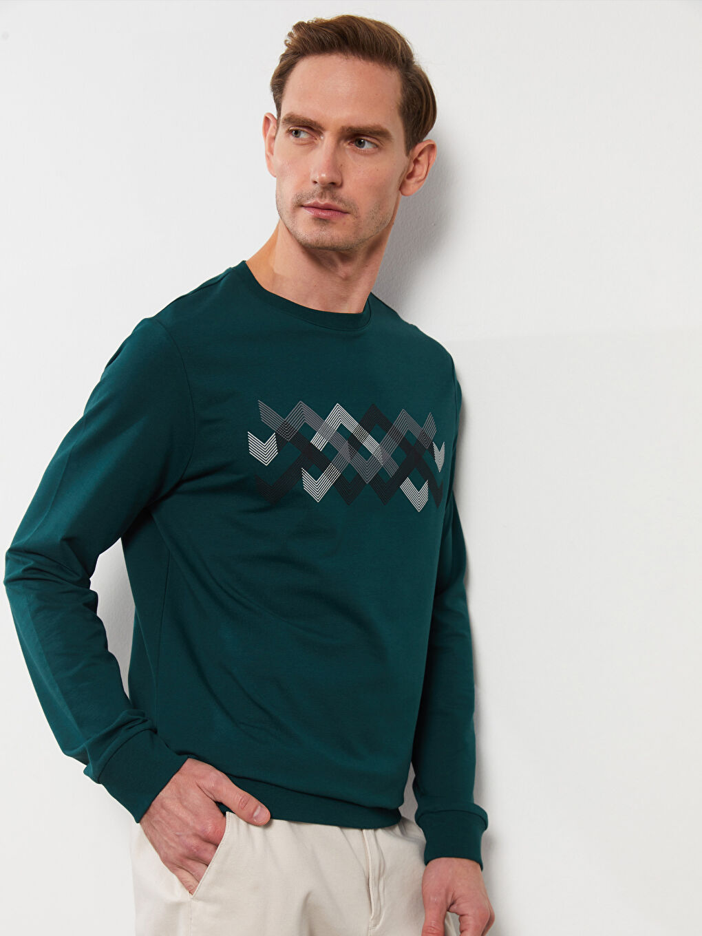 Yeşil Bisiklet Yaka Uzun Kollu Desenli Erkek Sweatshirt