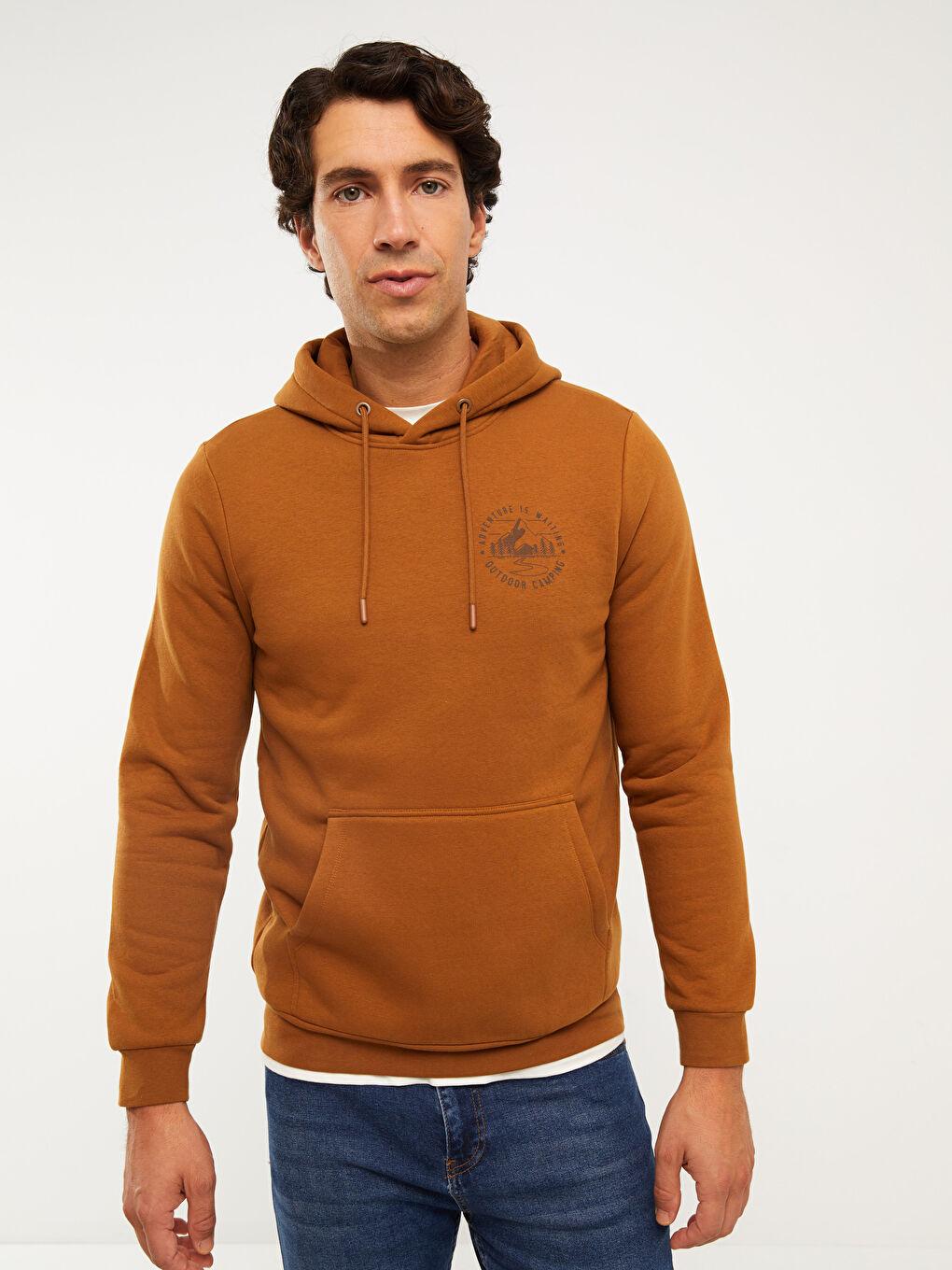 Kahverengi Uzun Kollu Baskılı Erkek Kalın Hoodie