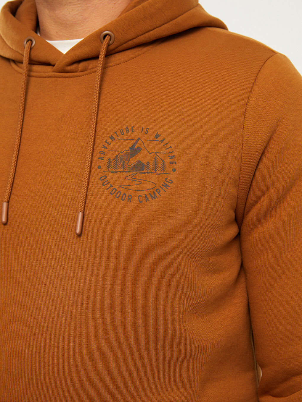 Kahverengi Uzun Kollu Baskılı Erkek Kalın Hoodie-3