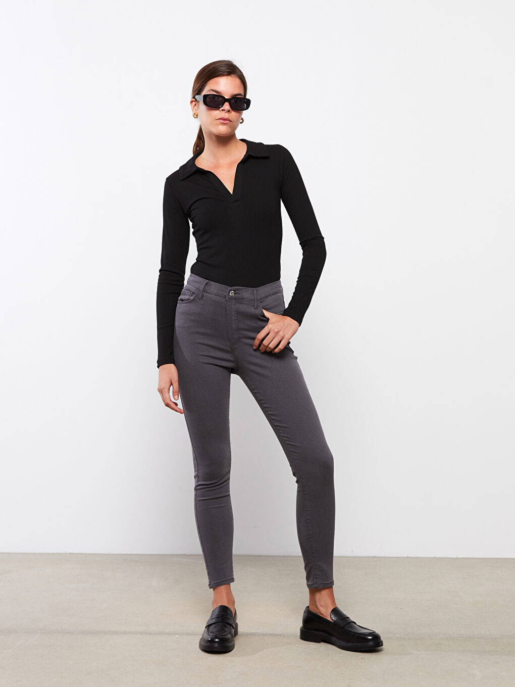 Gri Kadın Slim Fit Düz Jean Pantolon-1