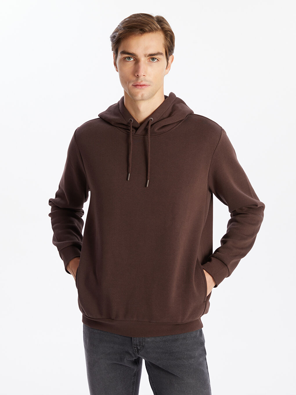 LCWAIKIKI Basic Kahverengi Uzun Kollu Erkek Kalın Hoodie