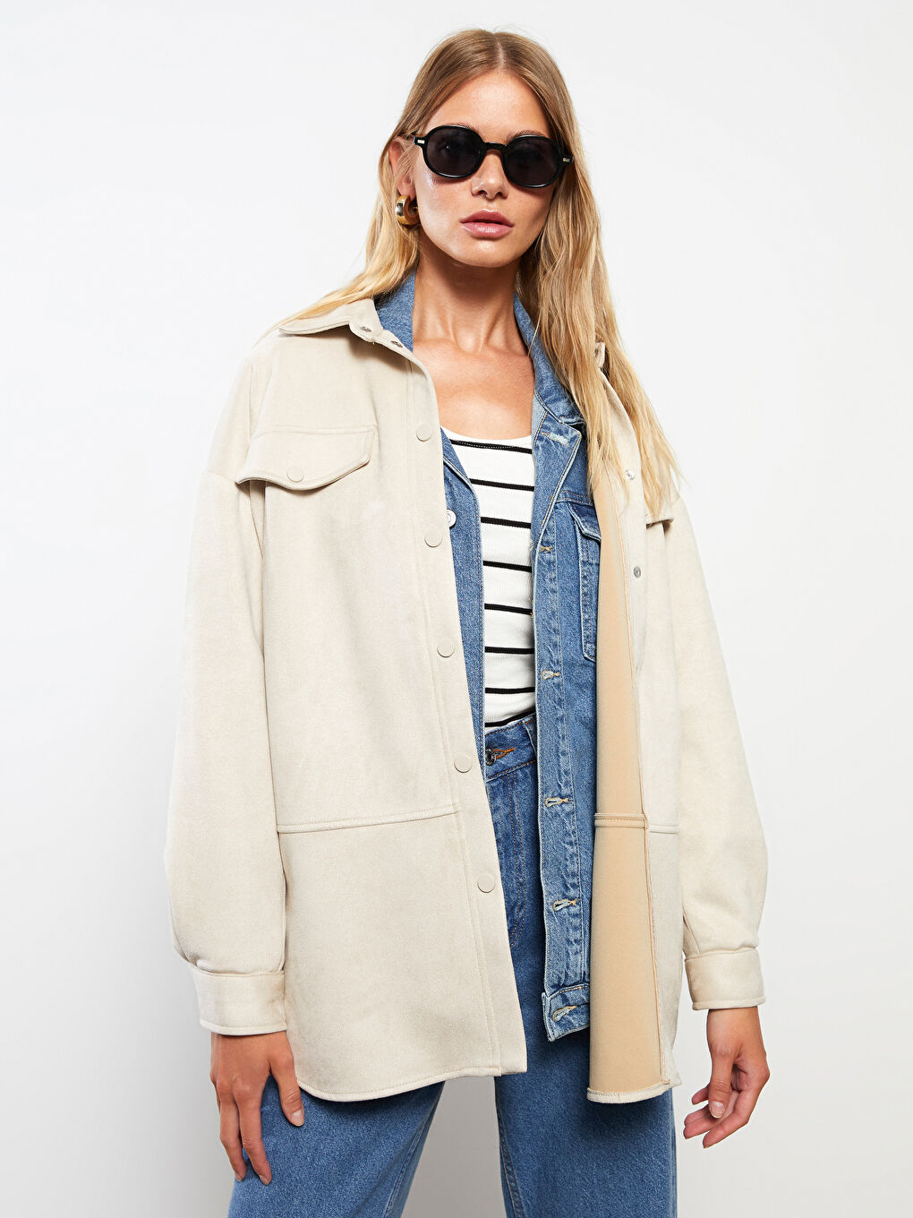 Kragenhals Damen Kunst-Wildlederjacke-1