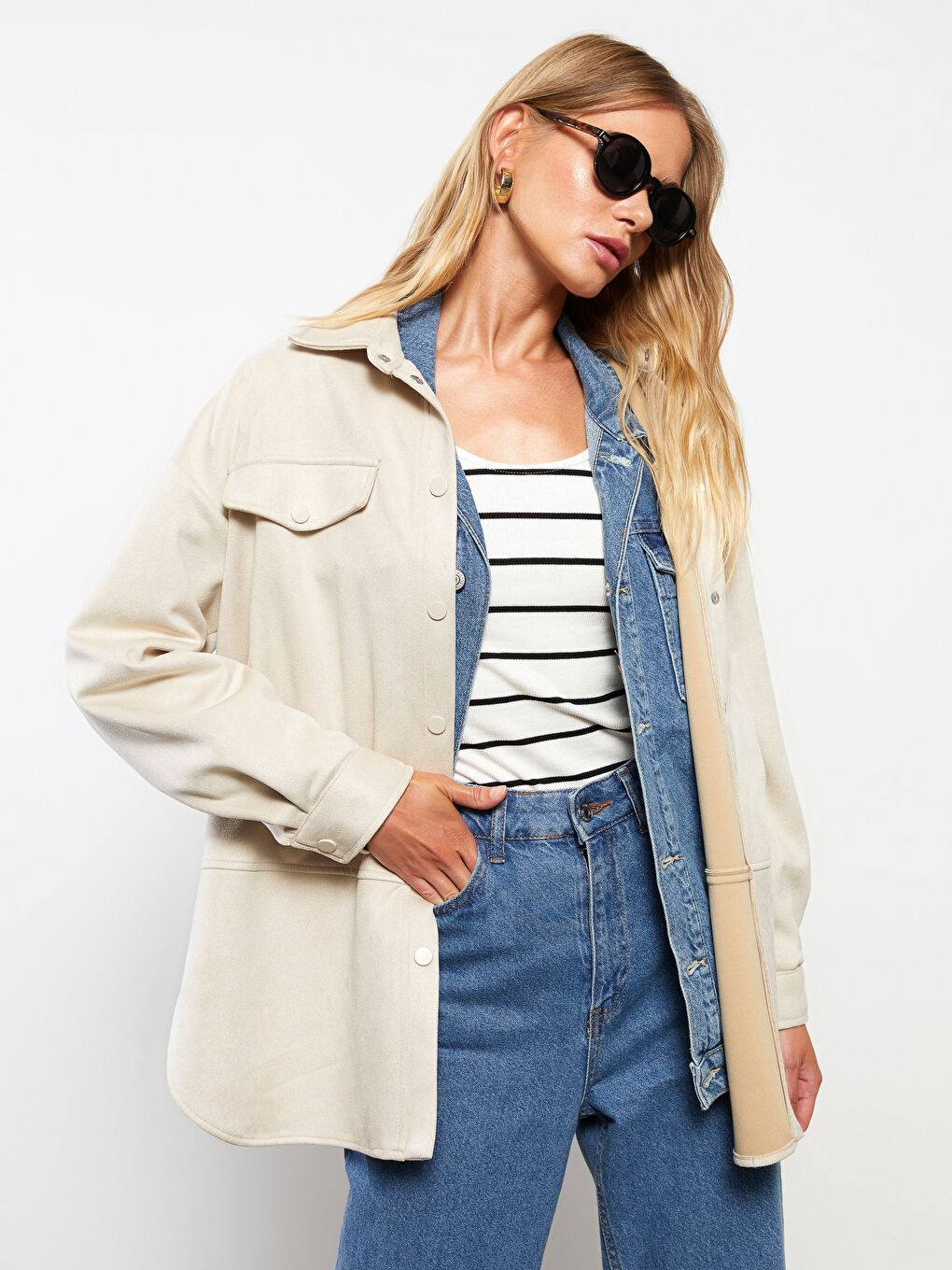 Kragenhals Damen Kunst-Wildlederjacke-2