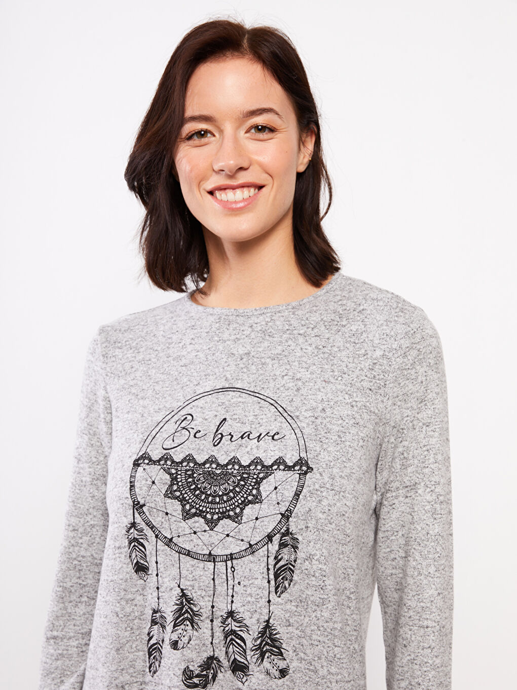 Gri Bisiklet Yaka Baskılı Uzun Kollu Kadın Tişört