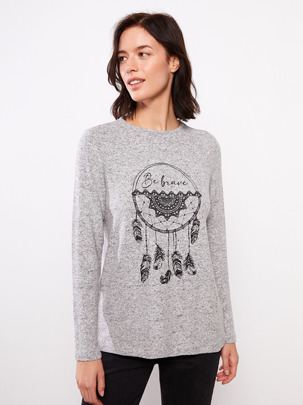 Gri Bisiklet Yaka Baskılı Uzun Kollu Kadın Tişört-2