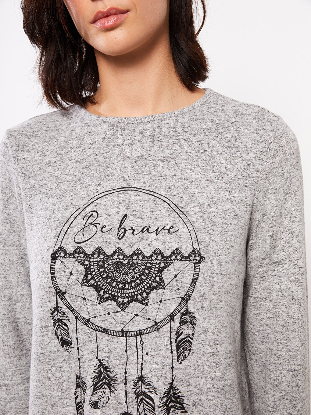 Gri Bisiklet Yaka Baskılı Uzun Kollu Kadın Tişört-3