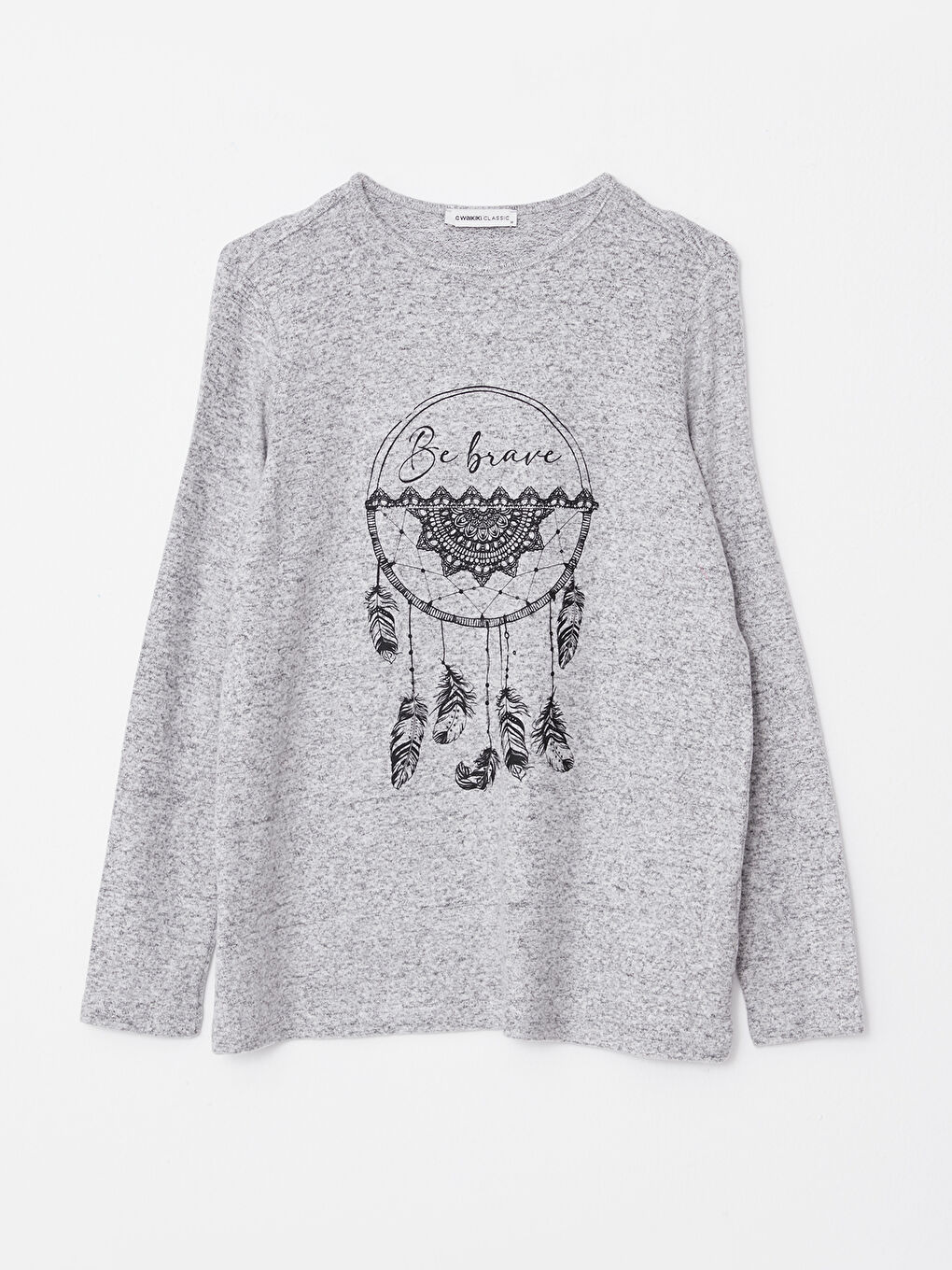 Gri Bisiklet Yaka Baskılı Uzun Kollu Kadın Tişört-5