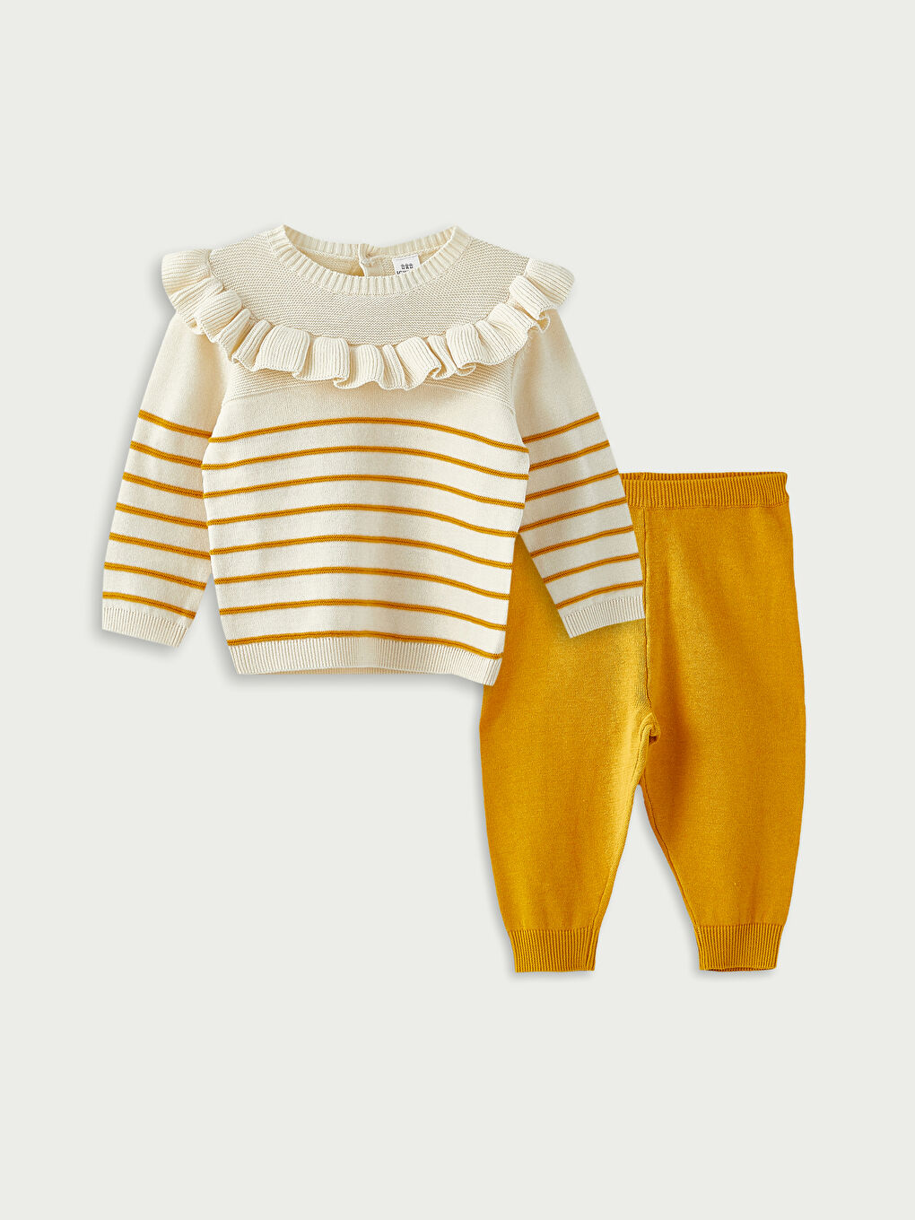 Ekru Bisiklet Yaka Uzun Kollu Çizgili Kız Bebek Triko Kazak ve Pantolon 2'li Takım