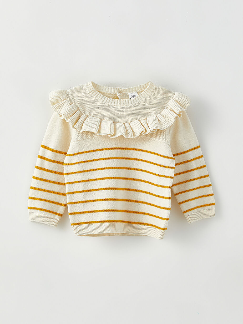 Ekru Bisiklet Yaka Uzun Kollu Çizgili Kız Bebek Triko Kazak ve Pantolon 2'li Takım-1