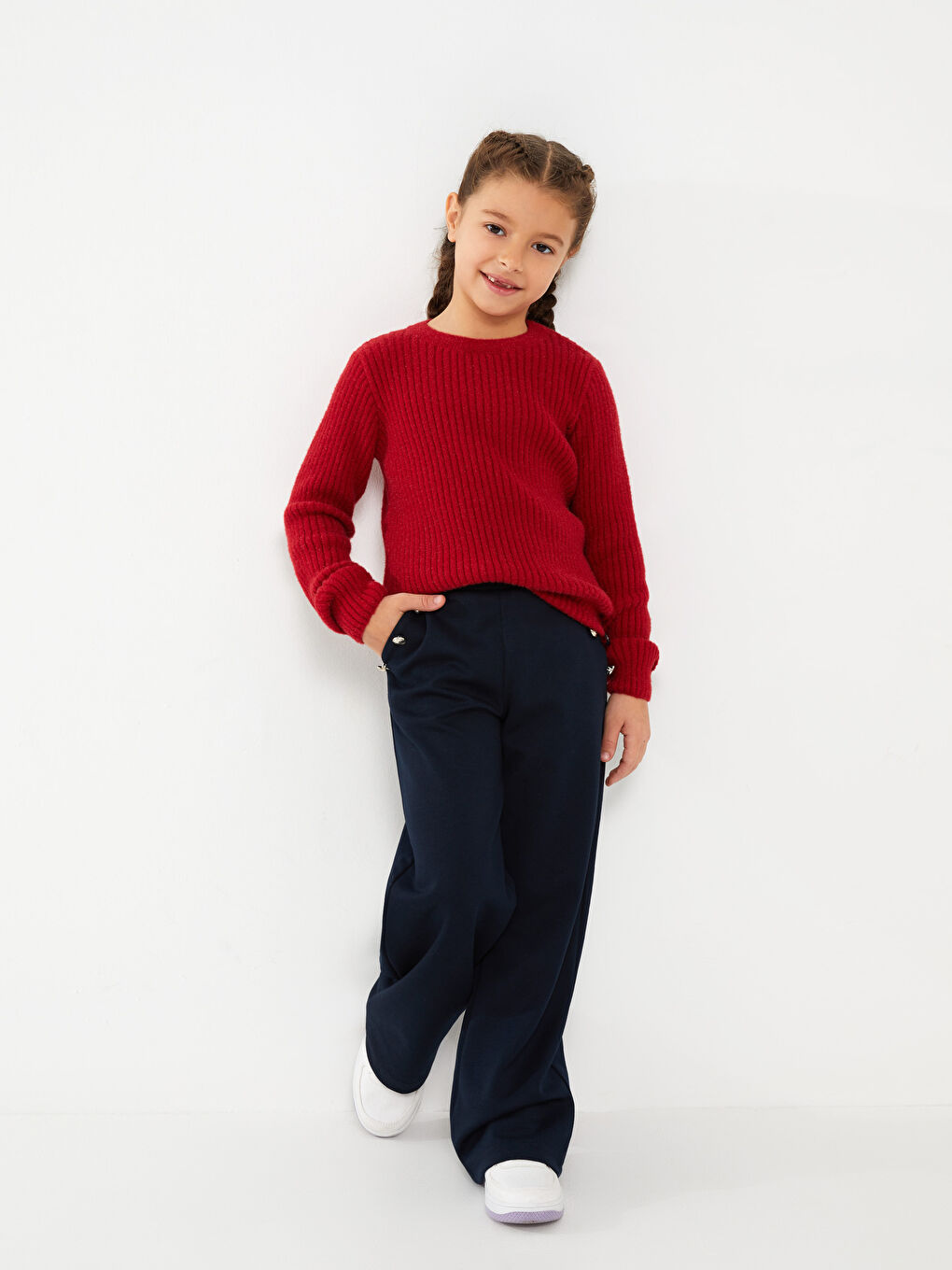 بنطلون بنات بخصر مطاطي واسع من الأسفل سادة