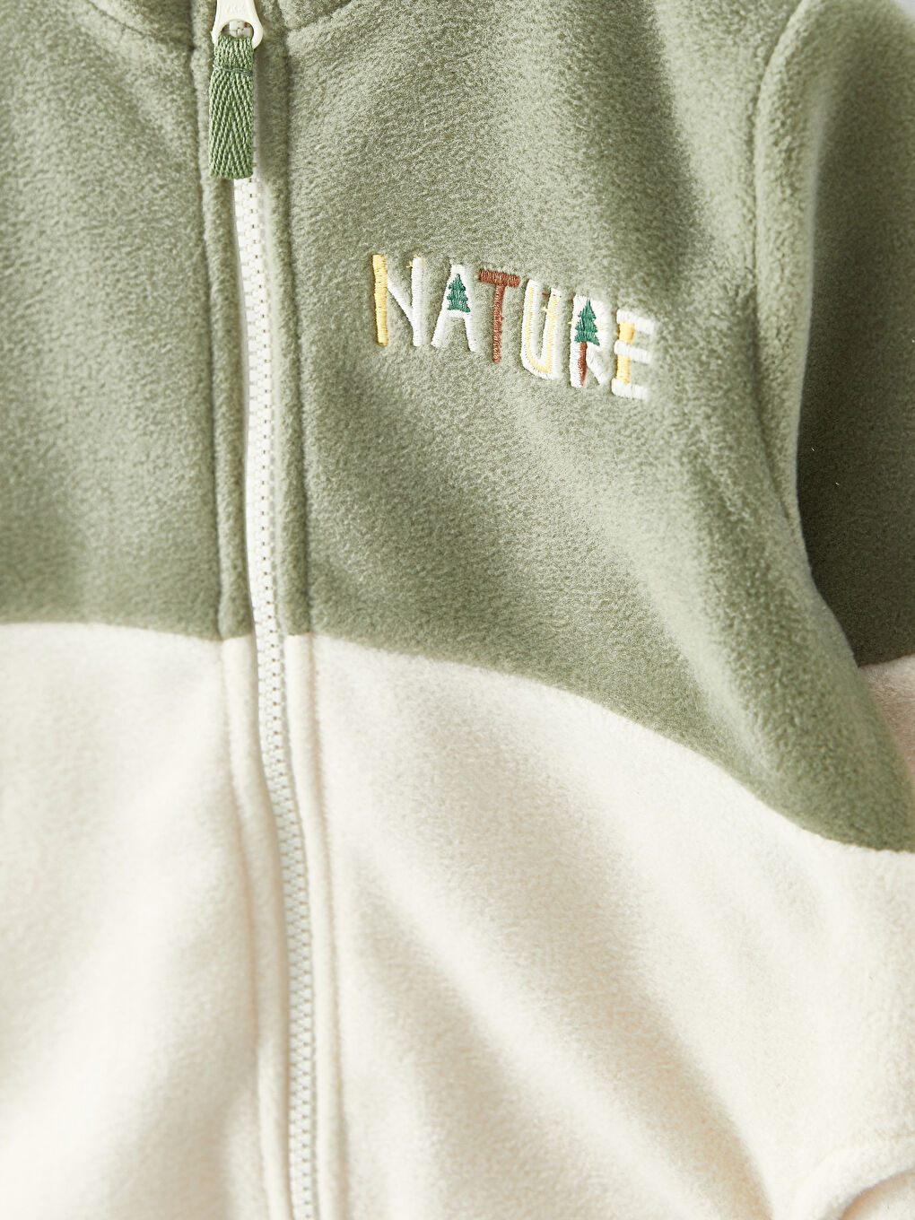 Yeşil Dik Yaka Uzun Kollu Nakış Detaylı Erkek Bebek Fermuarlı Sweatshirt-1