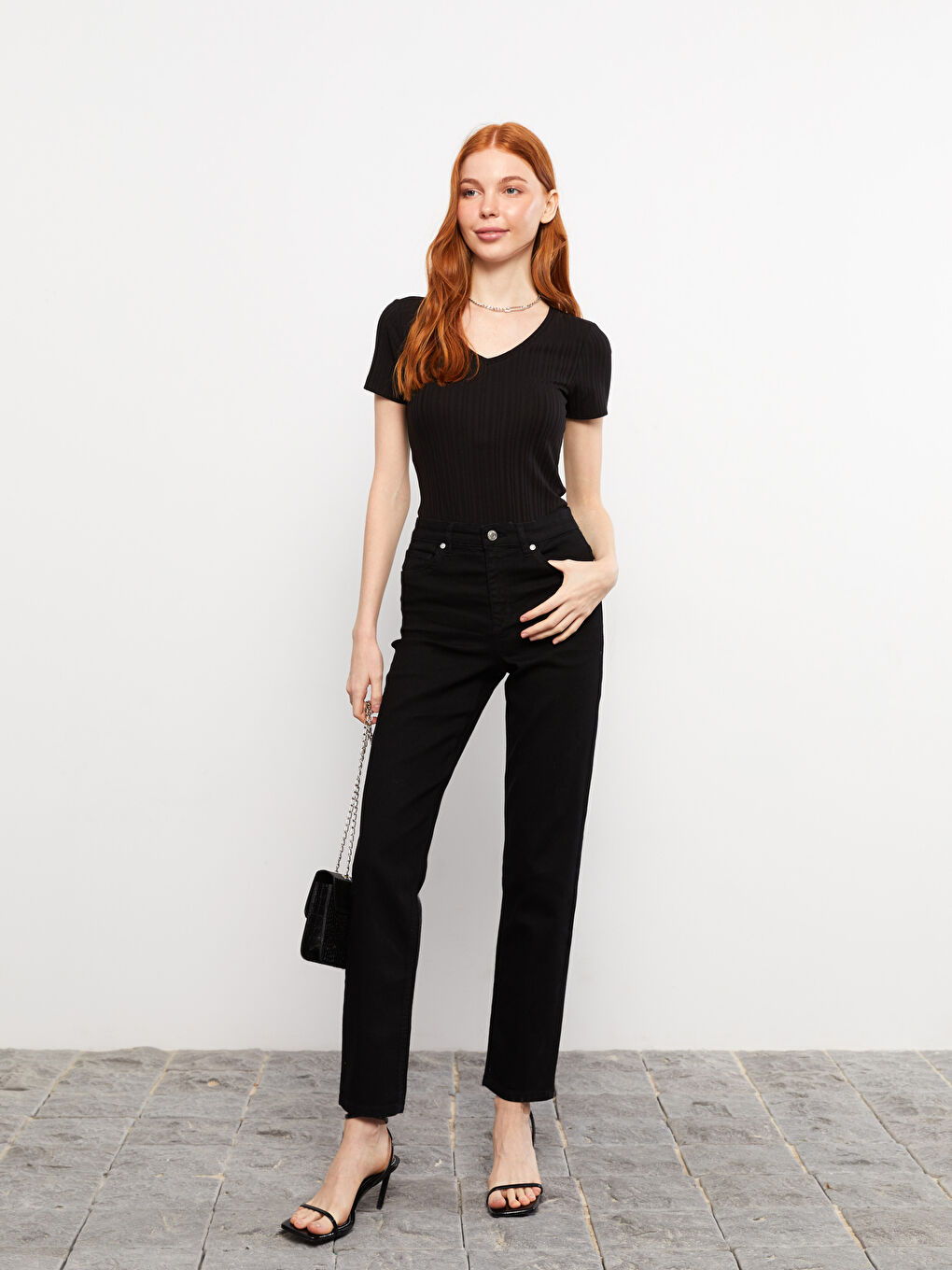 Jean en Denim Rodeo Taille Haute Coupe Svelte Détail Poche Régulière pour Femmes-1