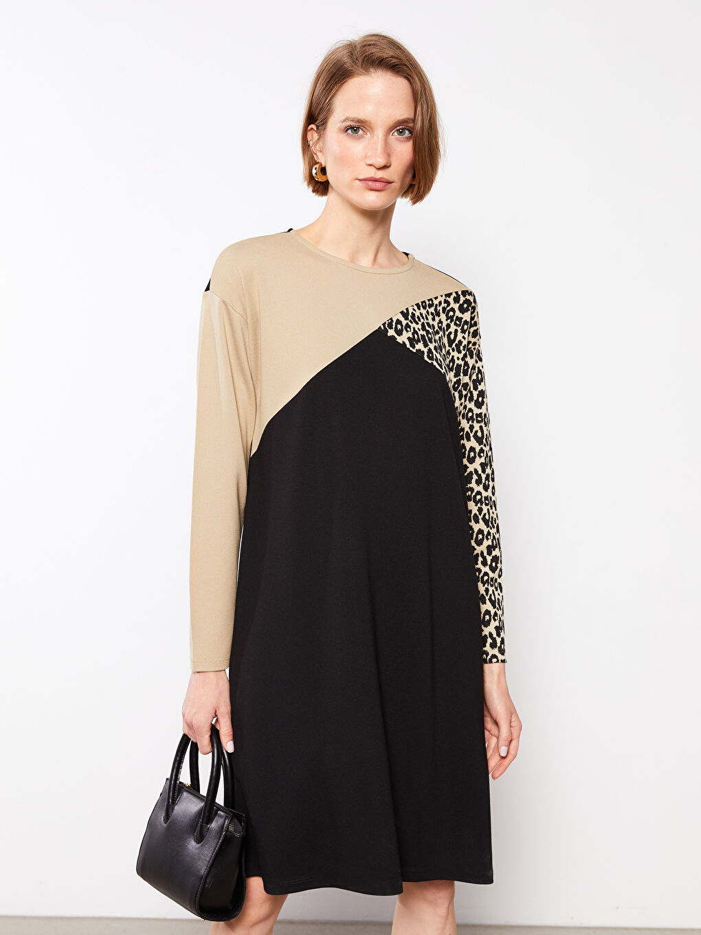 LCWAIKIKI Classic Crew Neck Patterned Long Sleeve Dress -W2CH58Z8-CVL