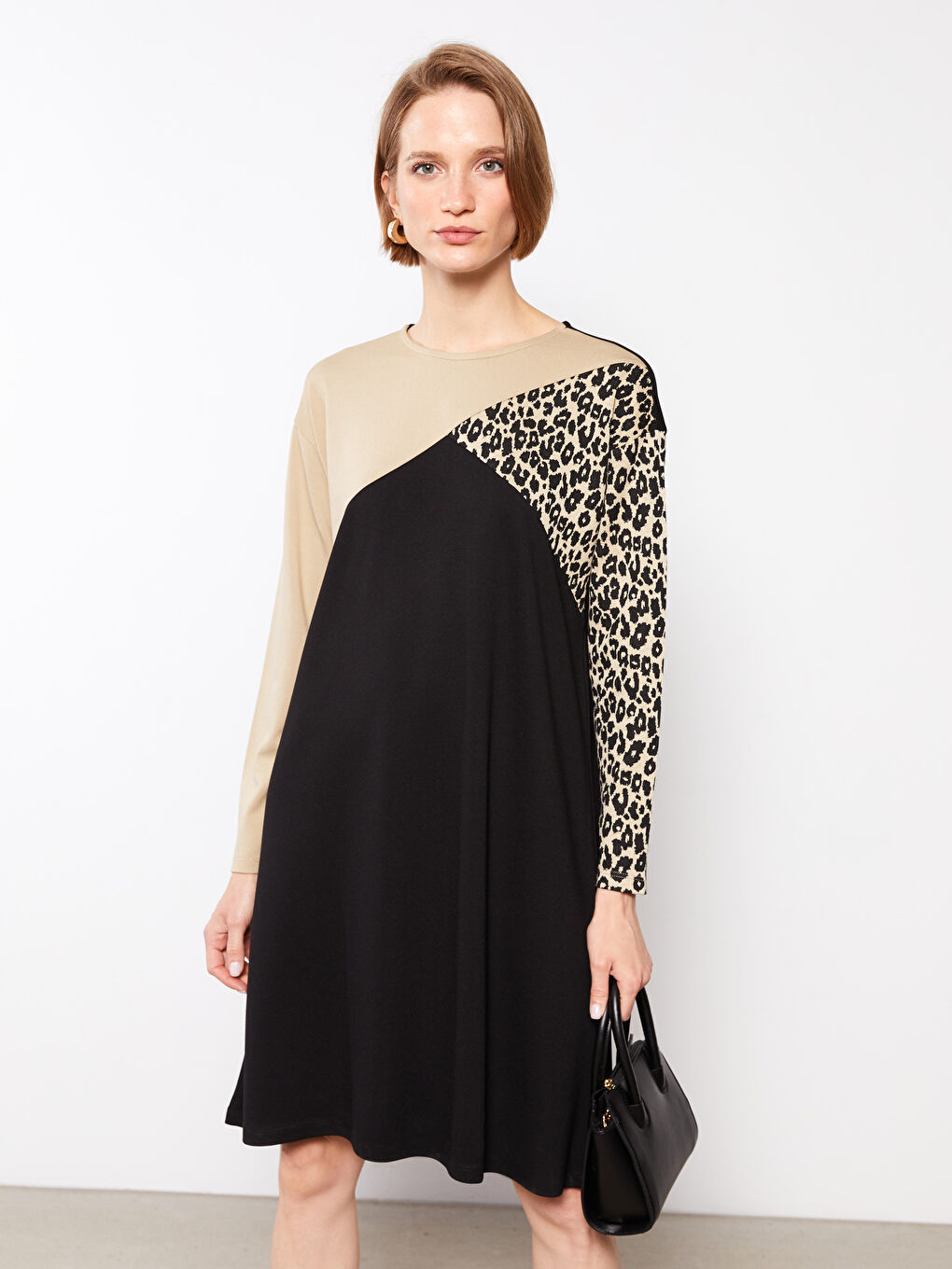 LCWAIKIKI Classic Crew Neck Patterned Long Sleeve Dress -W2CH58Z8-CVL