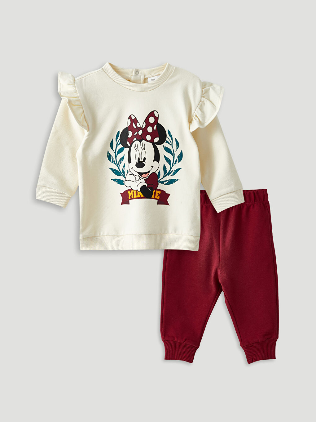 Ekru Bisiklet Yaka Uzun Kollu Minnie Mouse Baskılı Kız Bebek Sweatshirt ve Eşofman Alt 2'li Takım
