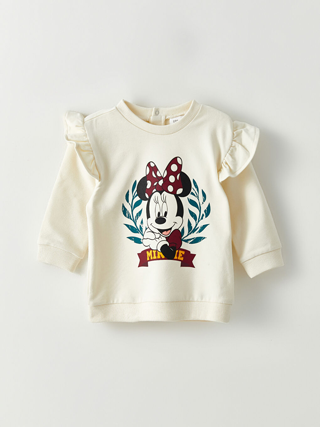 Ekru Bisiklet Yaka Uzun Kollu Minnie Mouse Baskılı Kız Bebek Sweatshirt ve Eşofman Alt 2'li Takım-1