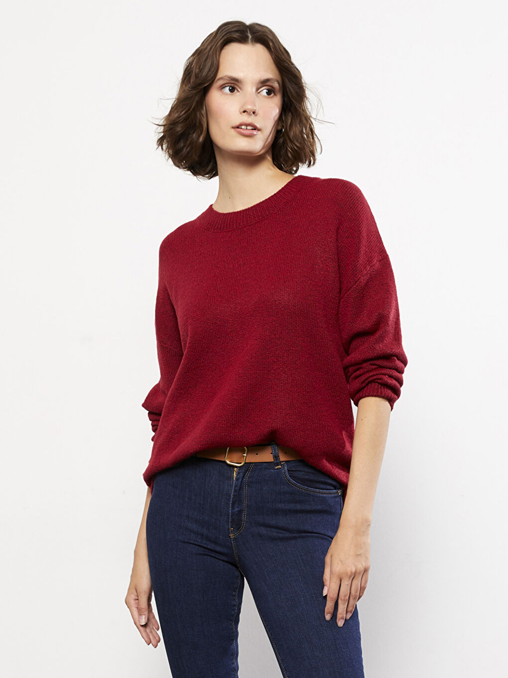 Kırmızı Bisiklet Yaka Düz Uzun Kollu Kadın Triko Kazak-1