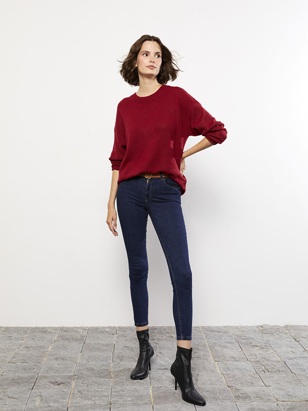 Kırmızı Bisiklet Yaka Düz Uzun Kollu Kadın Triko Kazak-2