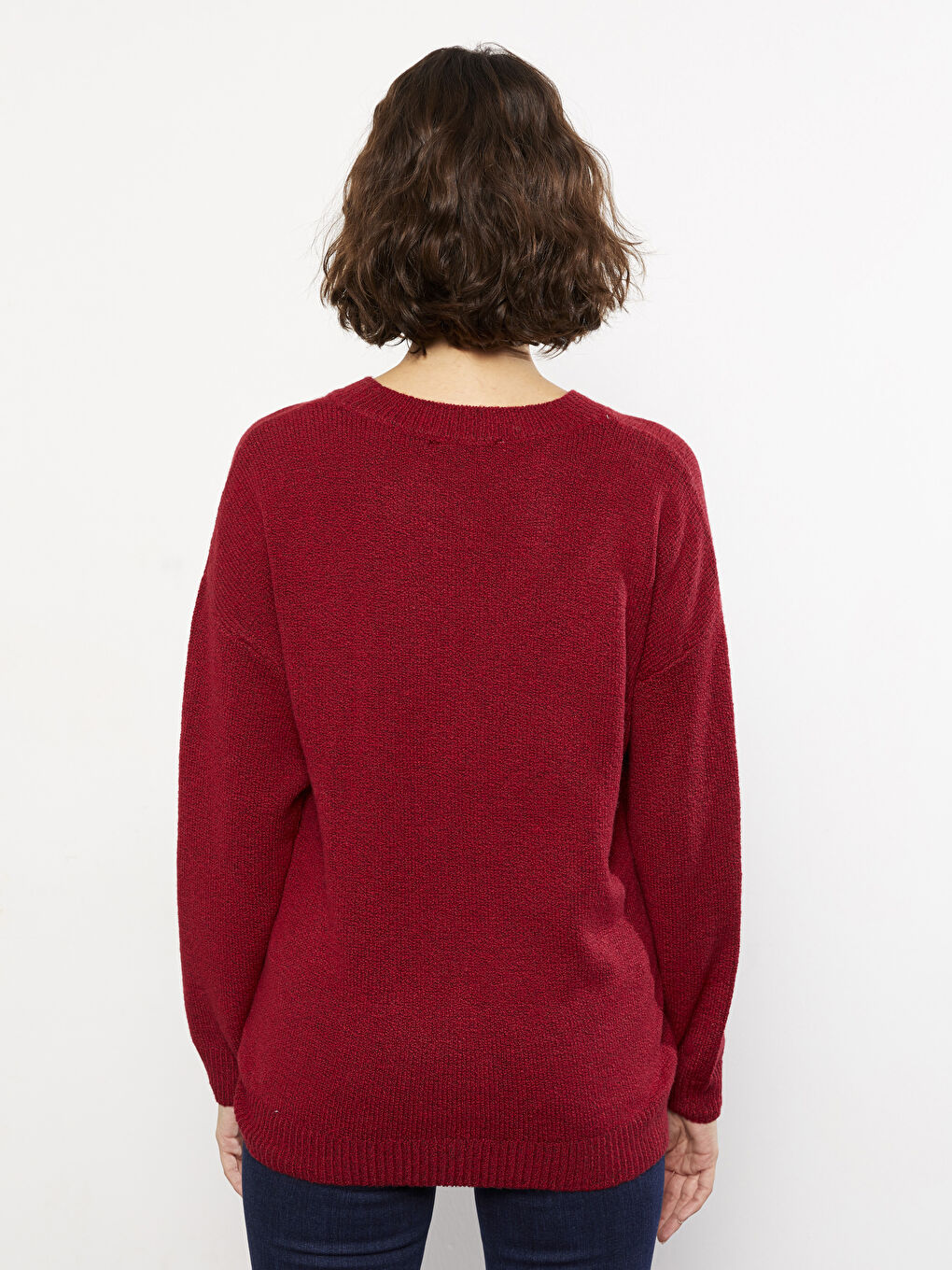 Kırmızı Bisiklet Yaka Düz Uzun Kollu Kadın Triko Kazak-4