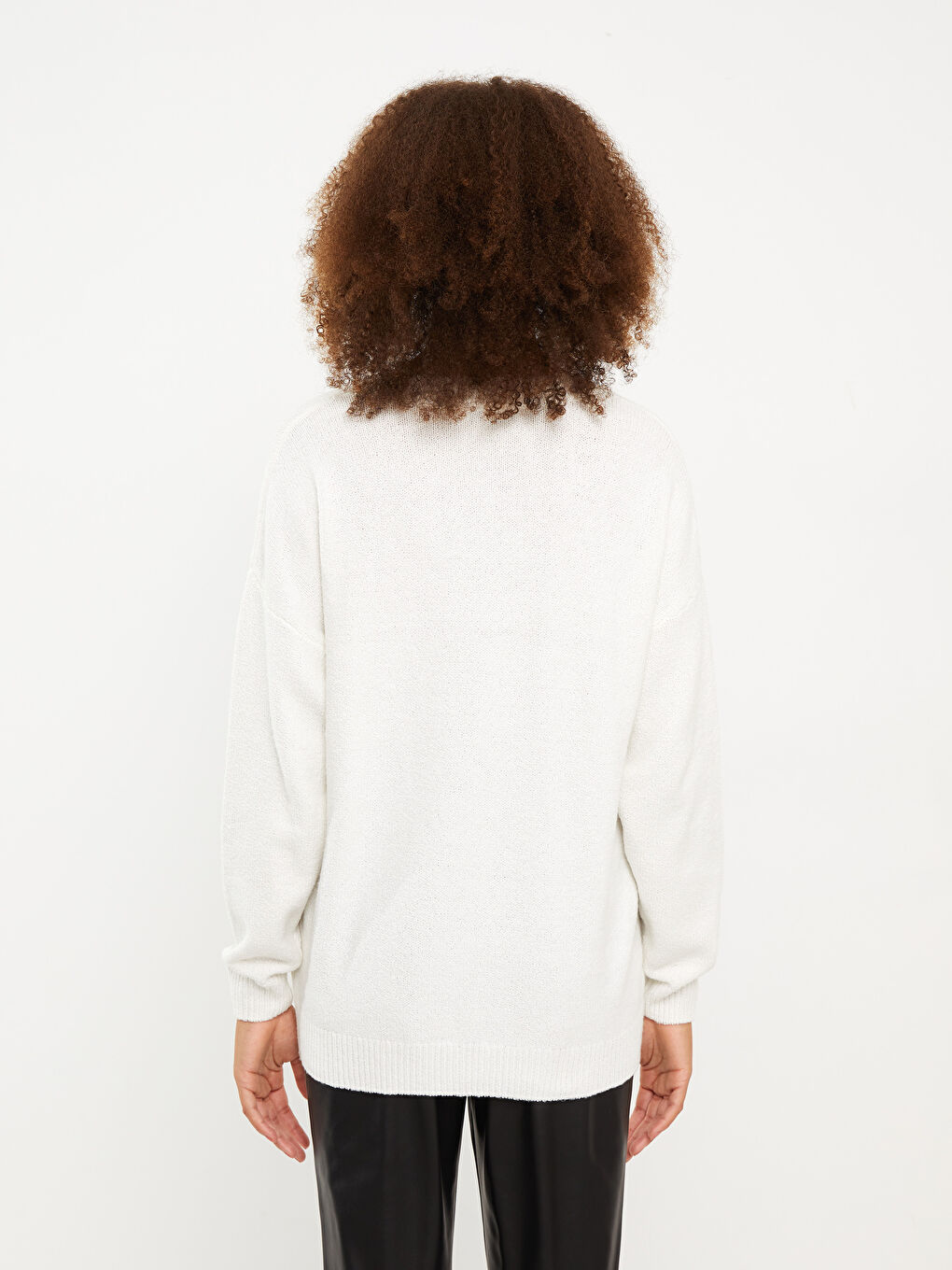 Ekru Bisiklet Yaka Düz Uzun Kollu Kadın Triko Kazak-4