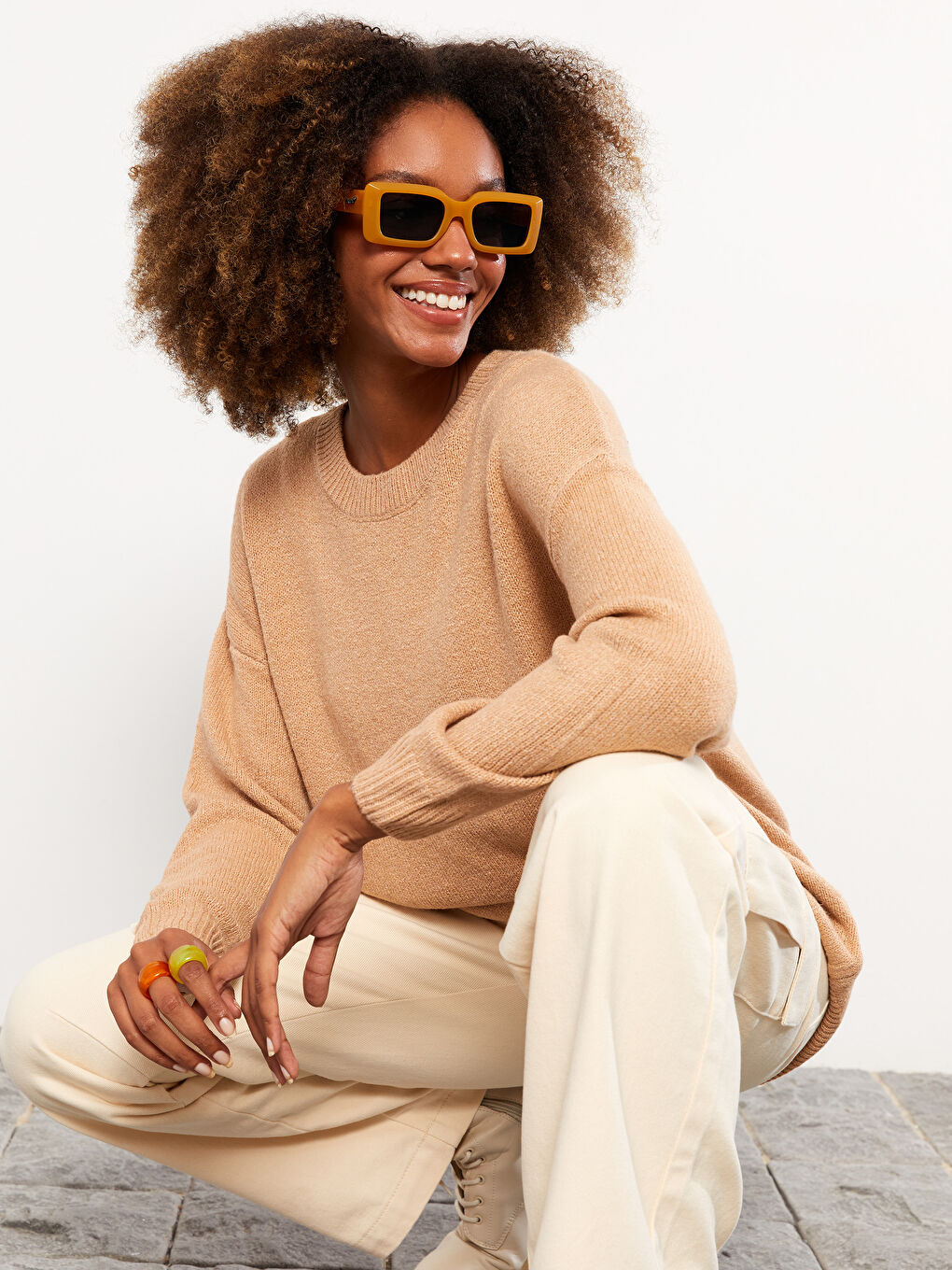 Kahverengi Bisiklet Yaka Düz Uzun Kollu Kadın Triko Kazak