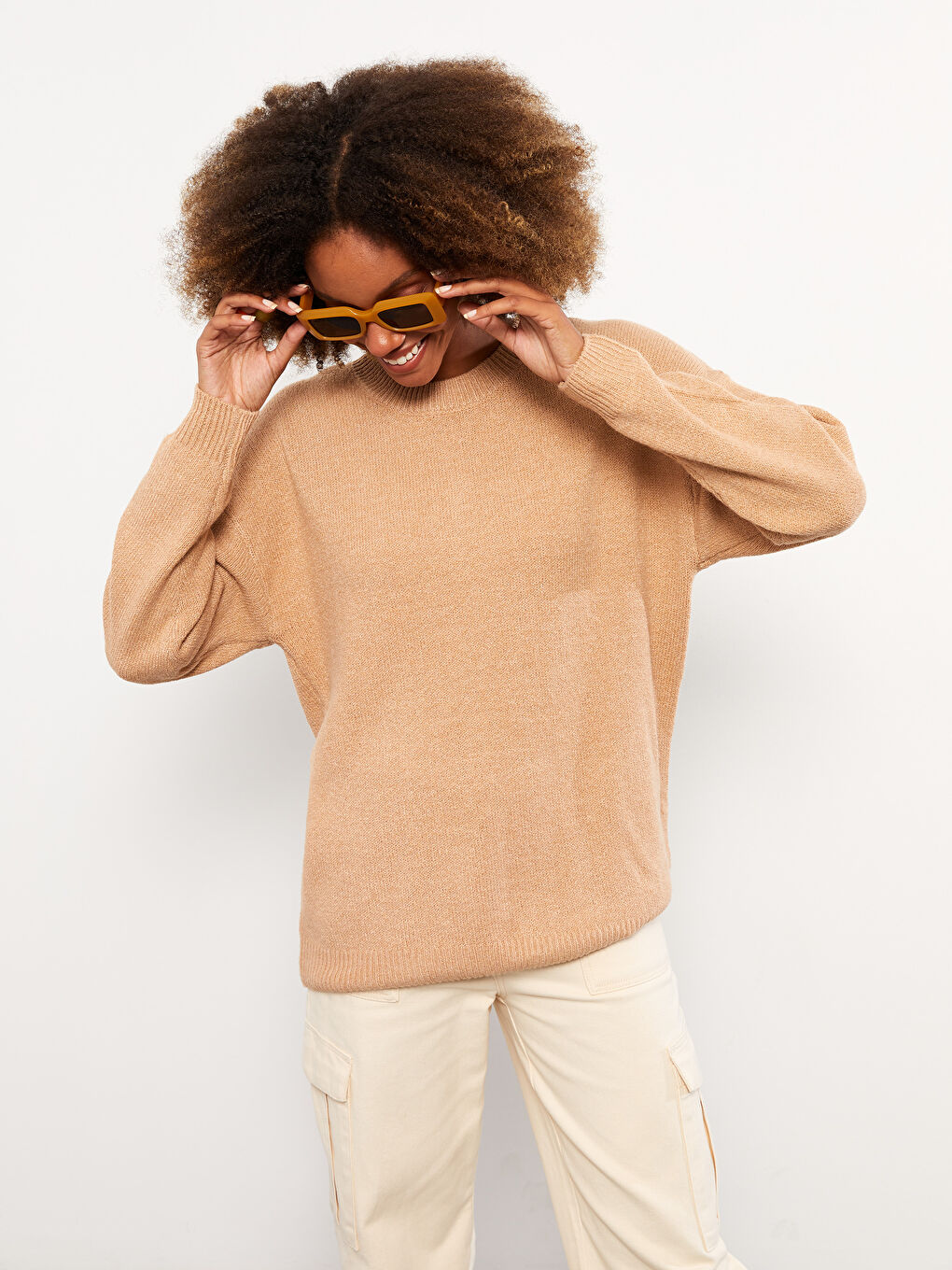 Kahverengi Bisiklet Yaka Düz Uzun Kollu Kadın Triko Kazak-1