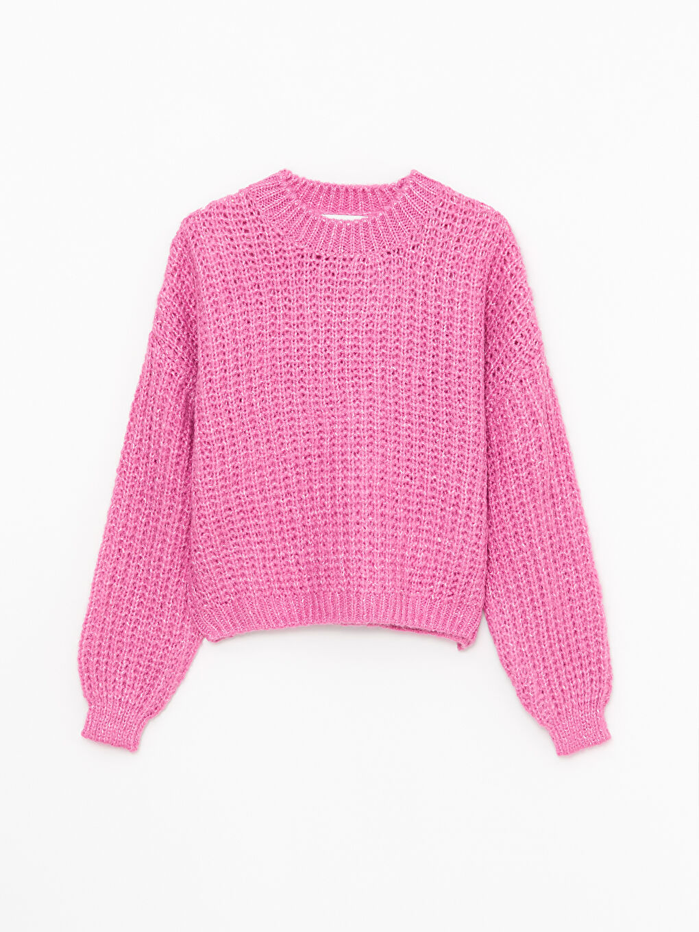 Pembe Bisiklet Yaka Kendinden Desenli Uzun Kollu Kadın Triko Kazak-5