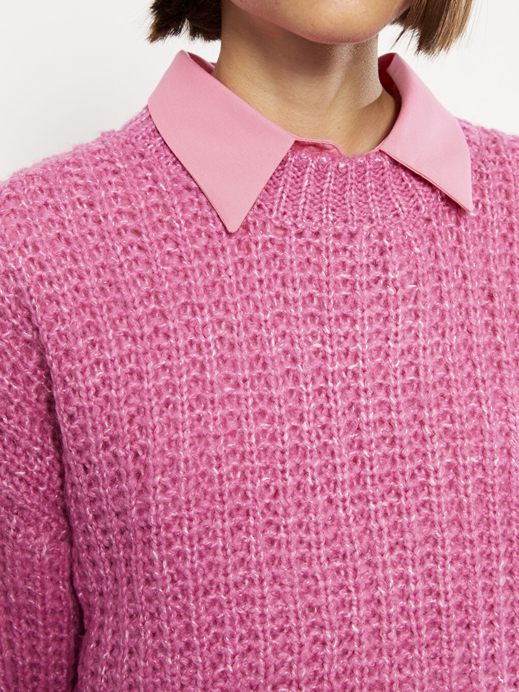 Pembe Bisiklet Yaka Kendinden Desenli Uzun Kollu Kadın Triko Kazak-3