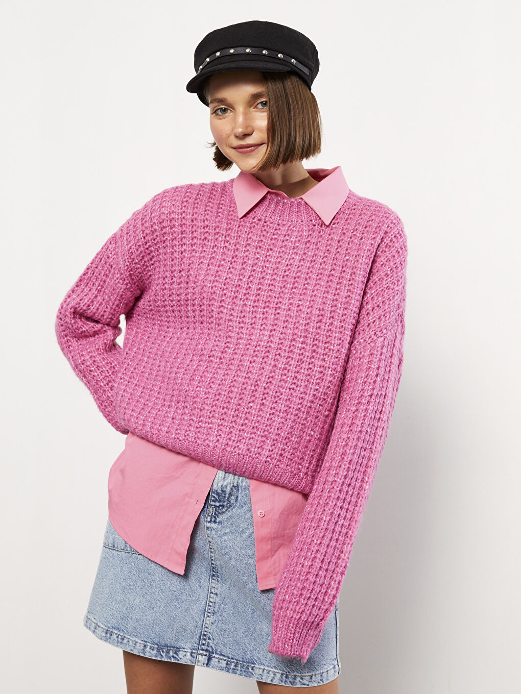 Pembe Bisiklet Yaka Kendinden Desenli Uzun Kollu Kadın Triko Kazak