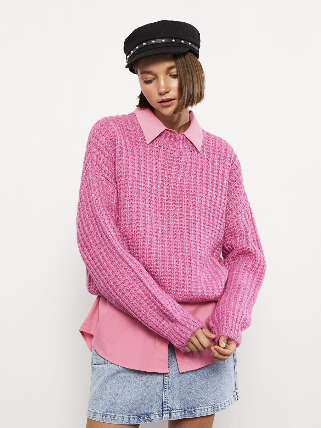 Pembe Bisiklet Yaka Kendinden Desenli Uzun Kollu Kadın Triko Kazak-1