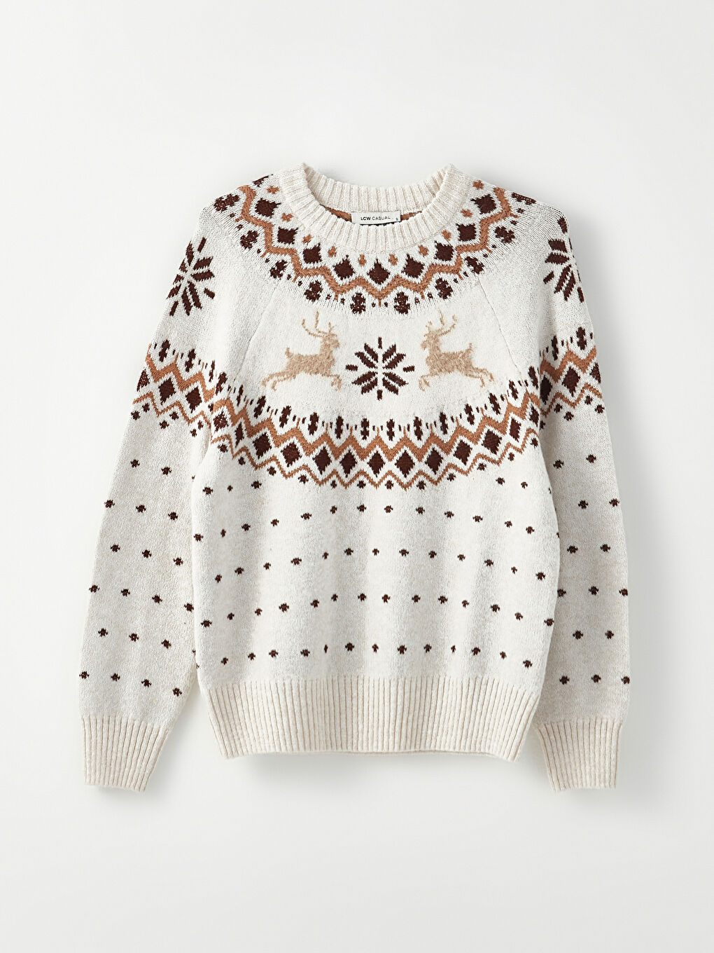 Ekru Bisiklet Yaka Yılbaşı Temalı Uzun Kollu Kadın Triko Kazak