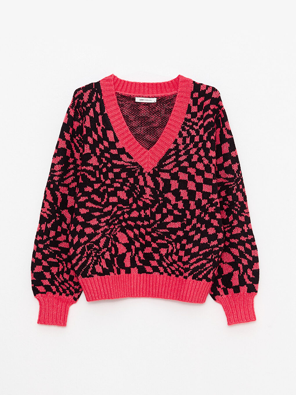 Mercan V Yaka Desenli Uzun Kollu Kadın Triko Kazak-5