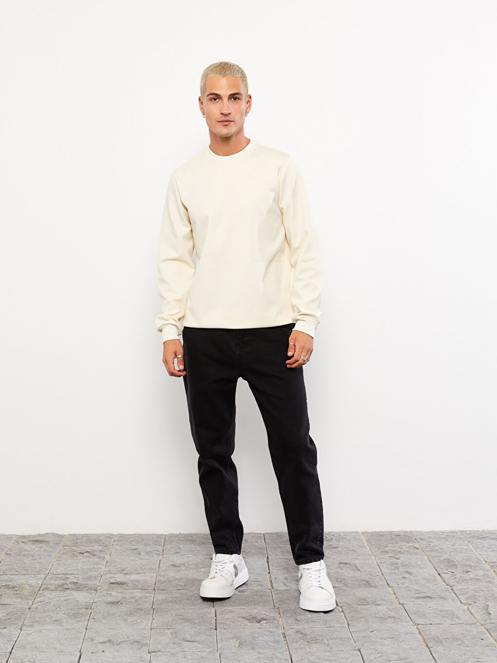 Gri Bisiklet Yaka Uzun Kollu Erkek Sweatshirt-1