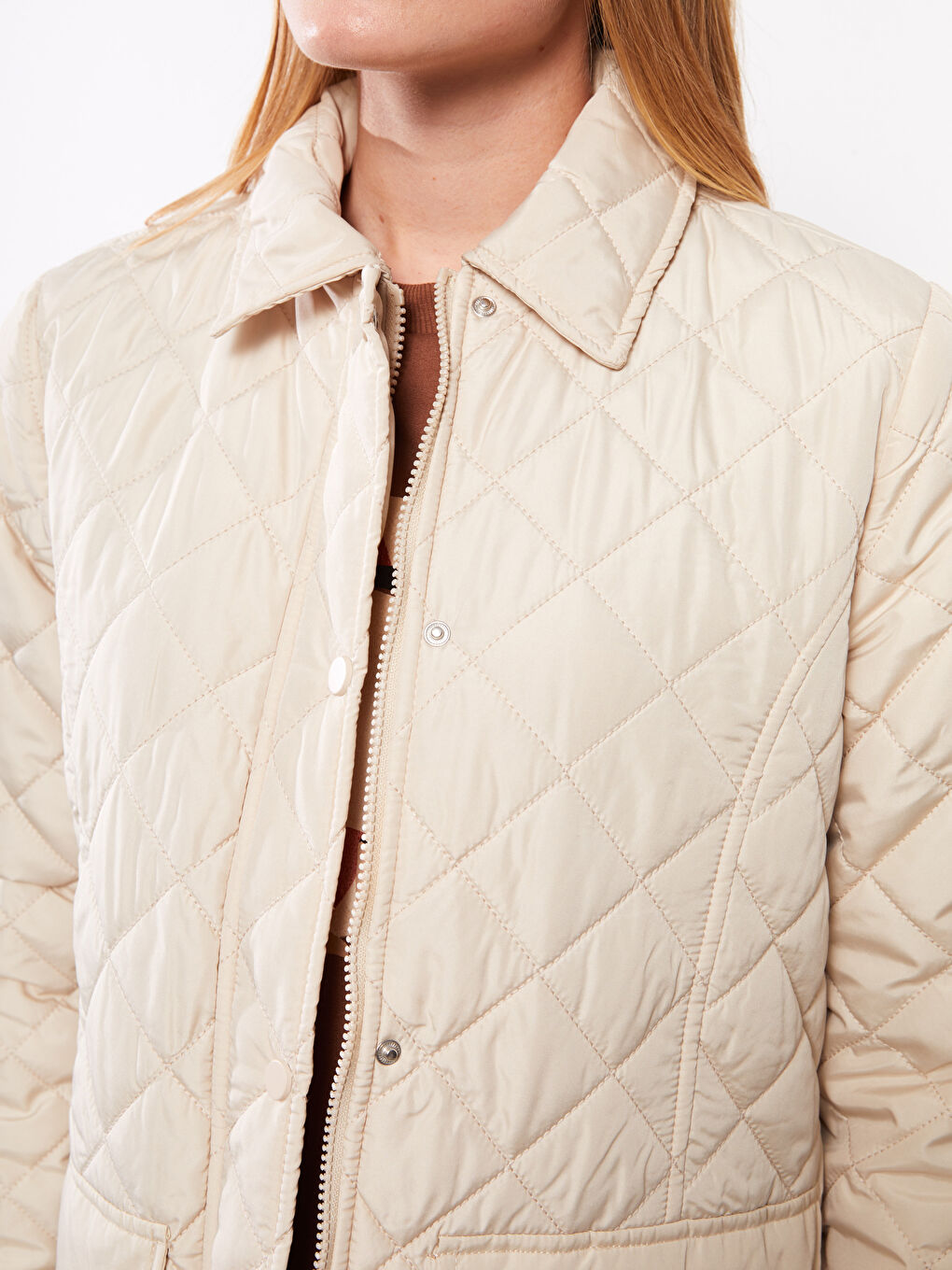 Bej Gömlek Yaka Kapitone Kadın Şişme Mont-3