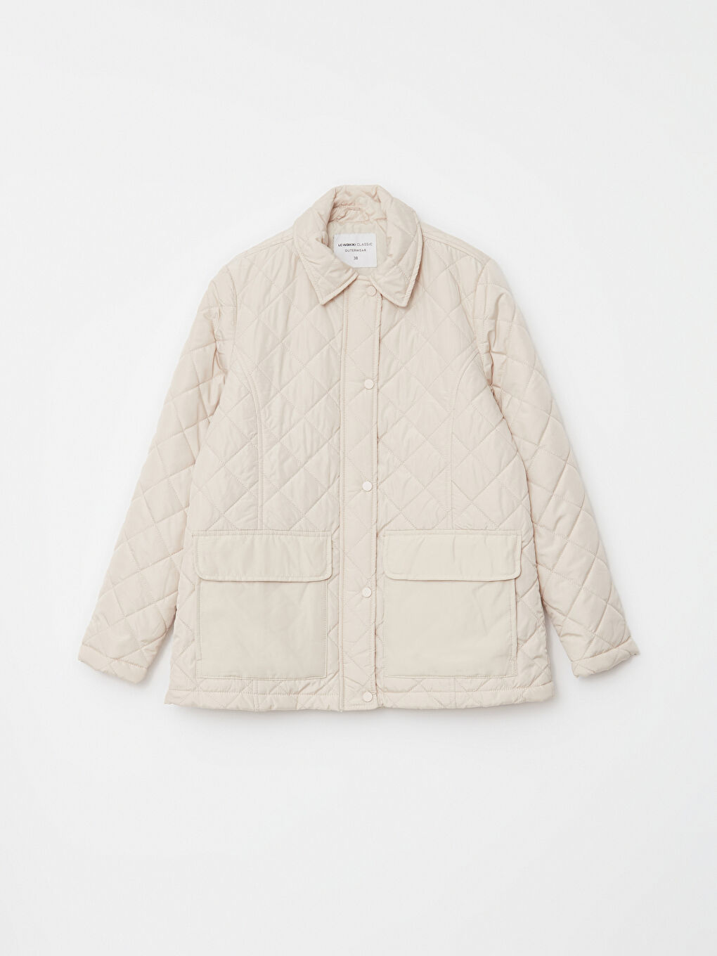 Bej Gömlek Yaka Kapitone Kadın Şişme Mont-6