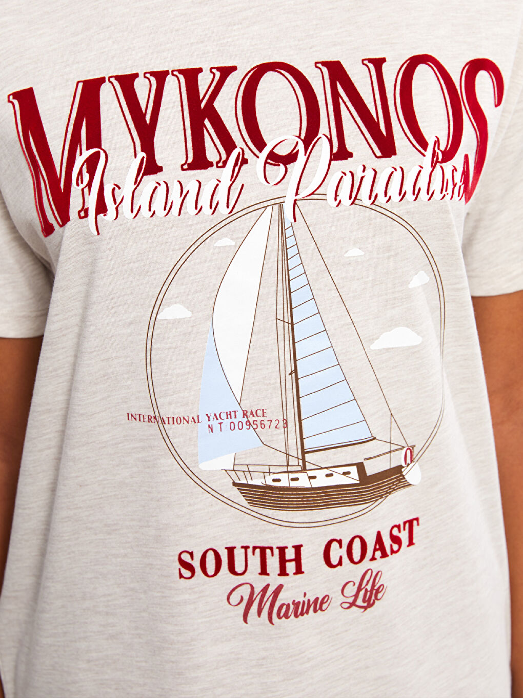 Bej Bisiklet Yaka Baskılı Kısa Kollu Kadın Tişört-3