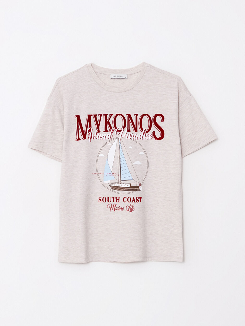 Bej Bisiklet Yaka Baskılı Kısa Kollu Kadın Tişört-5