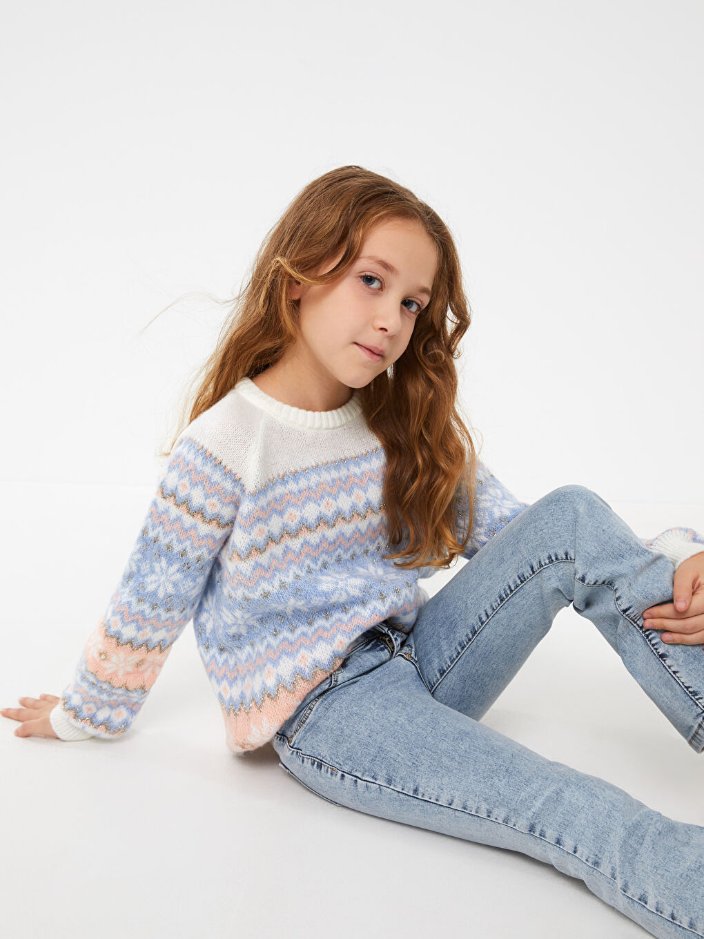 Ekru Bisiklet Yaka Desenli Uzun Kollu Kız Çocuk Triko Kazak-1